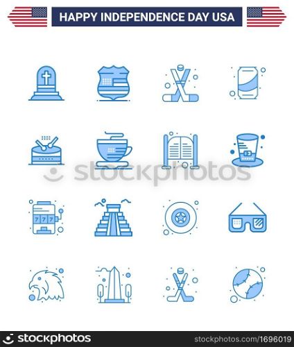 Happy Independence Day USA Pack of 16 Creative Blues of drum; soda; hockey; can; america Editable USA Day Vector Design Elements