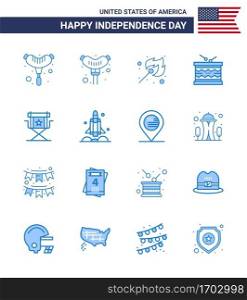Happy Independence Day USA Pack of 16 Creative Blues of launcher  star  instrument  movies  chair Editable USA Day Vector Design Elements