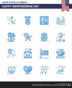 Happy Independence Day USA Pack of 16 Creative Blues of tourism  golden  usa  gate  world Editable USA Day Vector Design Elements