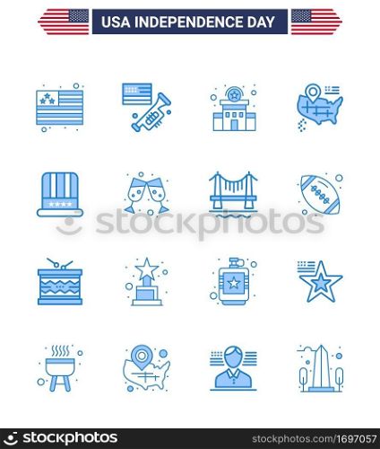 Happy Independence Day USA Pack of 16 Creative Blues of usa; cap; police; hat; map Editable USA Day Vector Design Elements