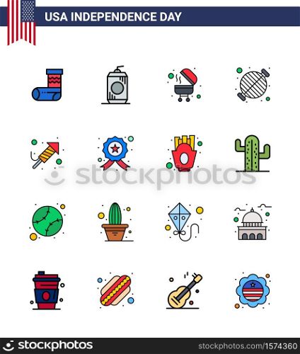 Happy Independence Day USA Pack of 16 Creative Flat Filled Lines of religion; party; barbecue; grill; barbecue Editable USA Day Vector Design Elements