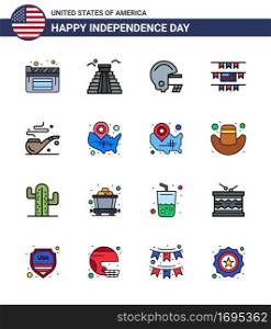 Happy Independence Day USA Pack of 16 Creative Flat Filled Lines of states  st  football  smoke  american Editable USA Day Vector Design Elements