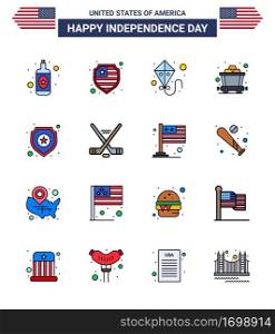 Happy Independence Day USA Pack of 16 Creative Flat Filled Lines of ice sport; sign; flying; star; shield Editable USA Day Vector Design Elements