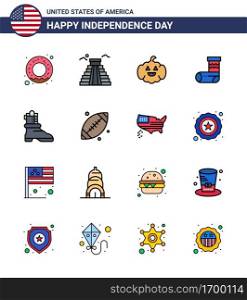 Happy Independence Day USA Pack of 16 Creative Flat Filled Lines of ball; boot; american; shose; festivity Editable USA Day Vector Design Elements