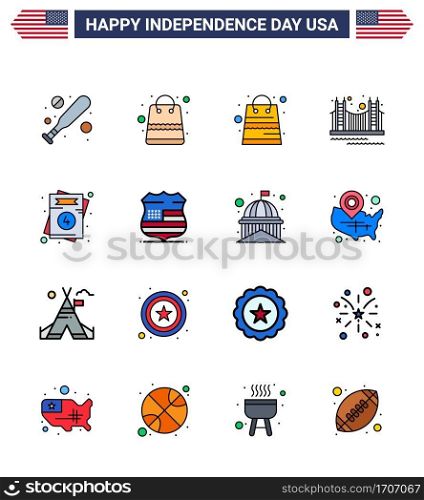 Happy Independence Day USA Pack of 16 Creative Flat Filled Lines of shield; usa; gate; love; usa Editable USA Day Vector Design Elements