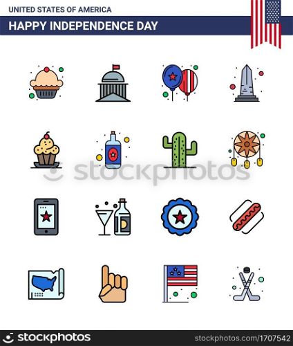 Happy Independence Day USA Pack of 16 Creative Flat Filled Lines of cake; usa; balloons; sight; landmark Editable USA Day Vector Design Elements
