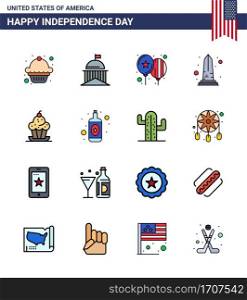 Happy Independence Day USA Pack of 16 Creative Flat Filled Lines of cake; usa; balloons; sight; landmark Editable USA Day Vector Design Elements