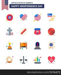 Happy Independence Day USA Pack of 16 Creative Flats of america; cross; flag; american; laud Editable USA Day Vector Design Elements