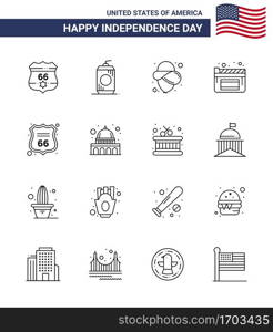 Happy Independence Day USA Pack of 16 Creative Lines of american  shield  usa  security  movies Editable USA Day Vector Design Elements