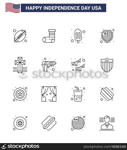 Happy Independence Day USA Pack of 16 Creative Lines of gun; cross; ice cream; american; protection Editable USA Day Vector Design Elements
