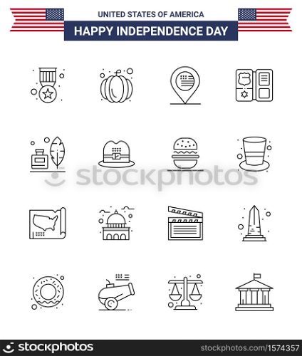 Happy Independence Day USA Pack of 16 Creative Lines of ink bottle; adobe; location; star; shield Editable USA Day Vector Design Elements