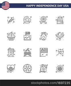 Happy Independence Day USA Pack of 16 Creative Lines of muffin  shop  badge  packages  bag Editable USA Day Vector Design Elements