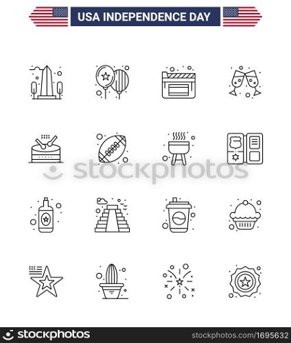 Happy Independence Day USA Pack of 16 Creative Lines of music; drum; party; wine glass; beer Editable USA Day Vector Design Elements
