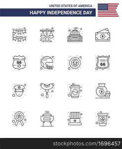 Happy Independence Day USA Pack of 16 Creative Lines of usa  money  scale  dollar  landmark Editable USA Day Vector Design Elements