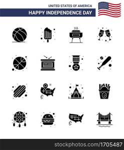 Happy Independence Day USA Pack of 16 Creative Solid Glyphs of sports; basketball; barbeque; wine glass; beer Editable USA Day Vector Design Elements