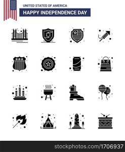 Happy Independence Day USA Pack of 16 Creative Solid Glyphs of star  usa police  shield  investigating  day Editable USA Day Vector Design Elements