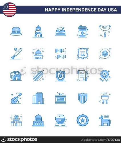 Happy Independence Day USA Pack of 25 Creative Blues of ball  frankfurter  music  food  juice Editable USA Day Vector Design Elements