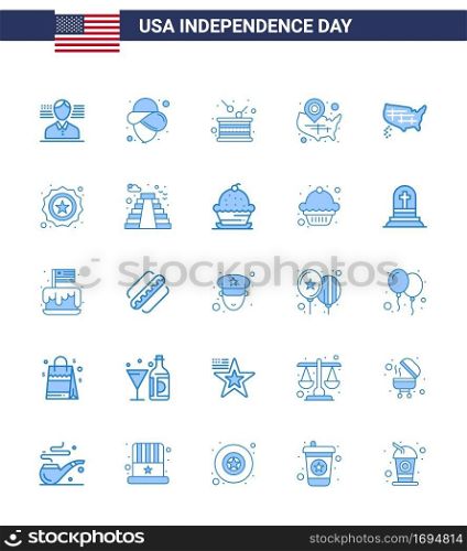Happy Independence Day USA Pack of 25 Creative Blues of states; location pin; holiday; wisconsin; states Editable USA Day Vector Design Elements