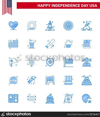 Happy Independence Day USA Pack of 25 Creative Blues of tent; medal; rocket; independence day; holiday Editable USA Day Vector Design Elements