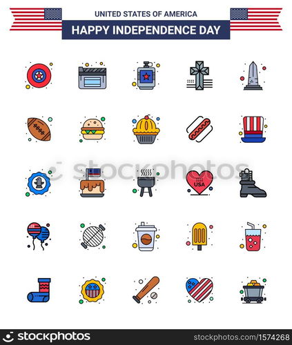 Happy Independence Day USA Pack of 25 Creative Flat Filled Lines of usa; monument; flask; landmark; cross Editable USA Day Vector Design Elements