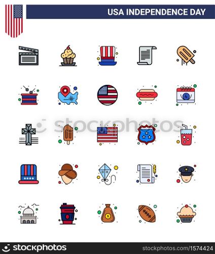 Happy Independence Day USA Pack of 25 Creative Flat Filled Lines of icecream; american; thanksgiving; text; usa Editable USA Day Vector Design Elements