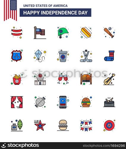 Happy Independence Day USA Pack of 25 Creative Flat Filled Lines of sports  baseball  helmet  ball  hotdog Editable USA Day Vector Design Elements