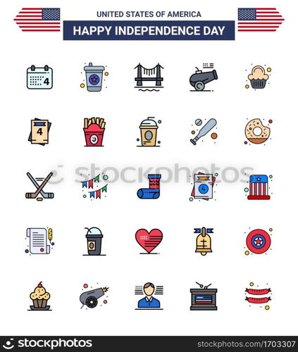 Happy Independence Day USA Pack of 25 Creative Flat Filled Lines of sweet; cake; building; mortar; cannon Editable USA Day Vector Design Elements