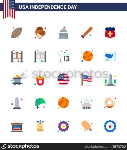 Happy Independence Day USA Pack of 25 Creative Flats of sheild; sports; flag; bat; ball Editable USA Day Vector Design Elements