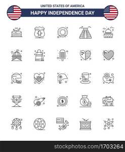 Happy Independence Day USA Pack of 25 Creative Lines of landmark  building  donut  usa  landmark Editable USA Day Vector Design Elements