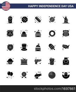 Happy Independence Day USA Pack of 25 Creative Solid Glyph of liberty  party  american  grill  barbecue Editable USA Day Vector Design Elements