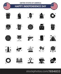 Happy Independence Day USA Pack of 25 Creative Solid Glyph of yummy; donut; ice cream; american; handbag Editable USA Day Vector Design Elements