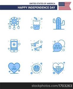Happy Independence Day USA Pack of 9 Creative Blues of american  mobile  cactus  smart phone  cell Editable USA Day Vector Design Elements