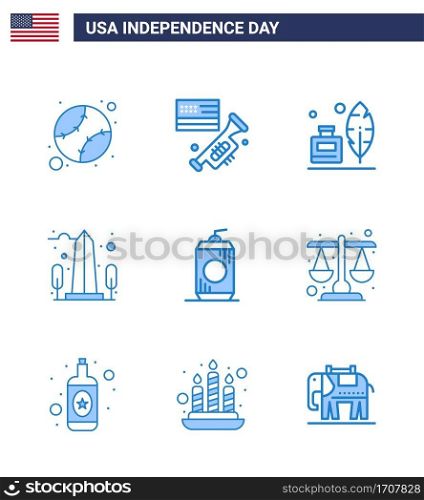Happy Independence Day USA Pack of 9 Creative Blues of bottle; usa; adobe; sight; landmark Editable USA Day Vector Design Elements