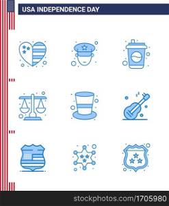 Happy Independence Day USA Pack of 9 Creative Blues of hat  american  cola  scale  justice Editable USA Day Vector Design Elements