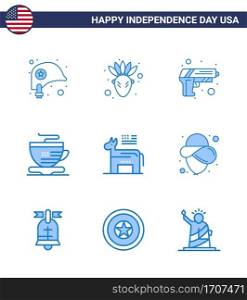 Happy Independence Day USA Pack of 9 Creative Blues of symbol  american  security  donkey  cup Editable USA Day Vector Design Elements