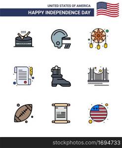 Happy Independence Day USA Pack of 9 Creative Flat Filled Lines of bridge  boot  decoration  shose  receipt Editable USA Day Vector Design Elements