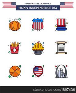 Happy Independence Day USA Pack of 9 Creative Flat Filled Lines of scroll  states  presidents  muffin  fries Editable USA Day Vector Design Elements