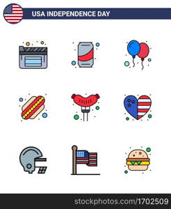 Happy Independence Day USA Pack of 9 Creative Flat Filled Lines of heart  frankfurter  celebrate  food  hotdog Editable USA Day Vector Design Elements