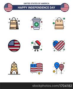 Happy Independence Day USA Pack of 9 Creative Flat Filled Lines of grill  barbecue  money  usa  flag Editable USA Day Vector Design Elements