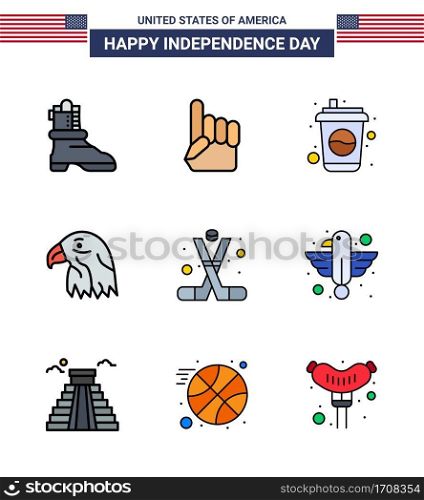 Happy Independence Day USA Pack of 9 Creative Flat Filled Lines of sports  hockey  cola  usa  bird Editable USA Day Vector Design Elements