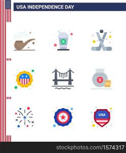 Happy Independence Day USA Pack of 9 Creative Flats of building; flag; ice hockey; badge; american Editable USA Day Vector Design Elements