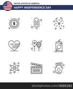 Happy Independence Day USA Pack of 9 Creative Lines of day  balloons  fire  flag  love Editable USA Day Vector Design Elements