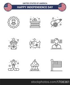 Happy Independence Day USA Pack of 9 Creative Lines of united  map  canon  sign  election Editable USA Day Vector Design Elements