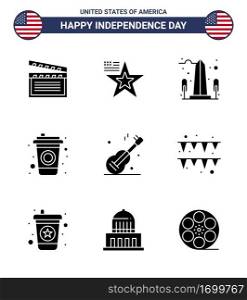 Happy Independence Day USA Pack of 9 Creative Solid Glyphs of music  drink  landmark  cola  washington Editable USA Day Vector Design Elements