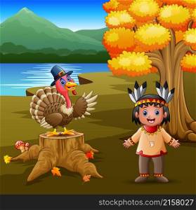 Happy indian boy with turkey bird in the garden
