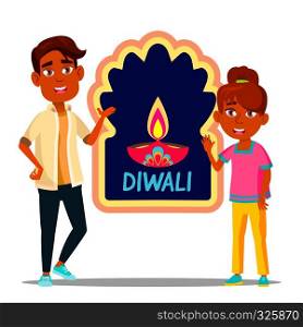 Happy Indian Children In Turban With Diwali Banner Vector. Illustration. Happy Indian Children In Turban With Diwali Banner Vector. Isolated Illustration
