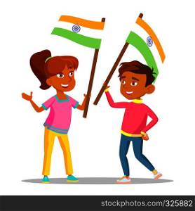 Happy Indian Kids Waving Flags Of India On Independence Day Vector. Illustration. Happy Indian Kids Waving Flags Of India On Independence Day Vector. Isolated Illustration