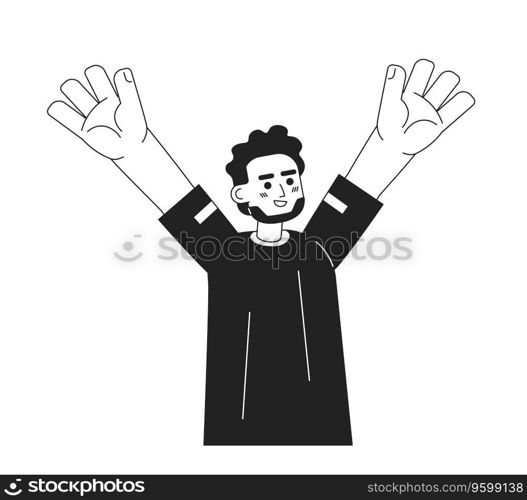 Happy indian man raising hand monochromatic flat vector character. Positive emotions. Winning. Editable thin line half body person on white. Simple bw cartoon spot image for web graphic design. Happy indian man raising hand monochromatic flat vector character