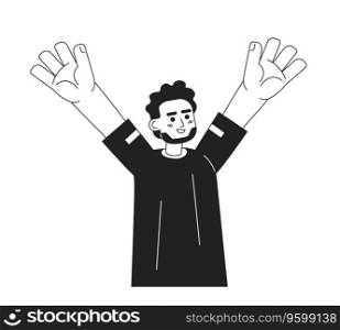 Happy indian man raising hand monochromatic flat vector character. Positive emotions. Winning. Editable thin line half body person on white. Simple bw cartoon spot image for web graphic design. Happy indian man raising hand monochromatic flat vector character