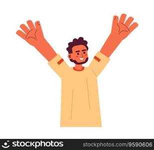 Happy indian man raising hand semi flat color vector character. Positive emotions. Winning. Editable half body person on white. Simple cartoon spot illustration for web graphic design. Happy indian man raising hand semi flat color vector character